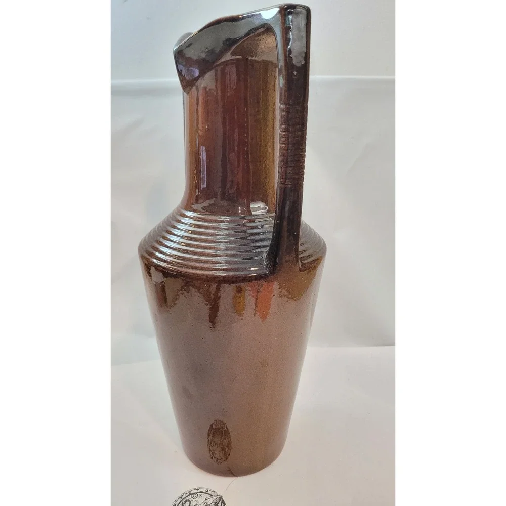 Nemadji Pottery Vase 4688P Vintage Modern Brown Glazed Ribbed Dual Handle 14
